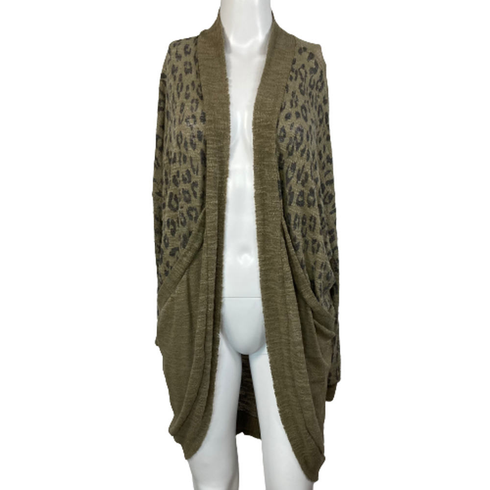 Daytrip Cardigan Womens Sz S Taupe Brown Leopard Open Weave Raw Edge Pockets